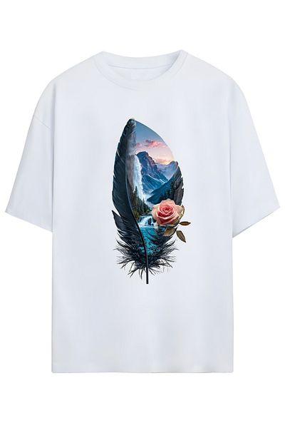 MAGORS Artistic Feather Pattern Oversize T-Shirt (Artistic Feather Pattern Oversize T-Shirt) (Relaxed Fit)