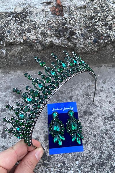 Hobigram Abrienda Green Bridal Henna Crown Special Occasion Accessory Women's Crown and Three Shuttle Earrings Set