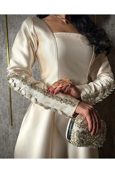 ALANOOD FASHION فستان سهرة بيج ساتر باكمام مطرزة كرستال