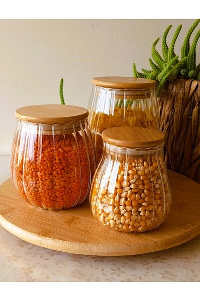 TARIK HOME Set of 3 Glass Jars in Honey Jar Form with Bamboo Lids