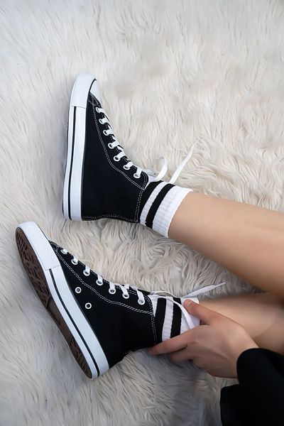 Cochines Women's Black White High Top Casual Linen Sports Shoes Sneaker
