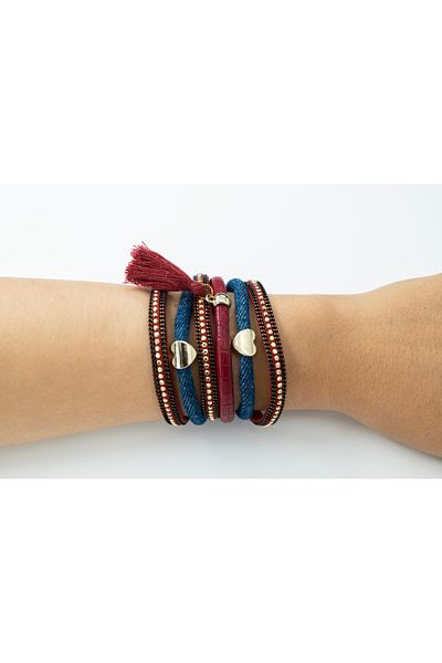 1881 STORE Burgundy - Navy Blue Bright Red Leather Ethnic Bracelet (6 Rows)