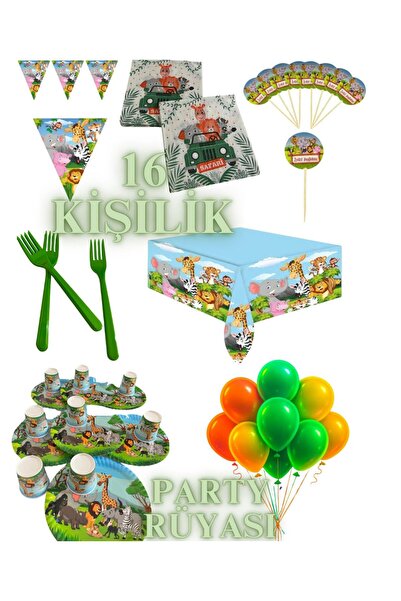 partyrüyası Σετ γενεθλίων με θέμα το Safari Cute Animals για 16 άτομα με φλάμα