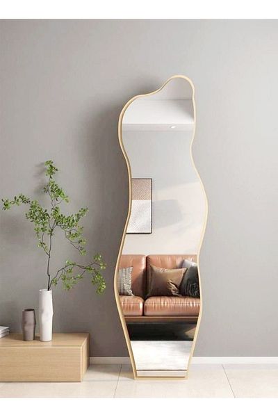 Raffine Modern Full Length Mirror Standing Wall Large Floor Mirror Wood Frame Wavy Mirror Beige 40 x 150 cm