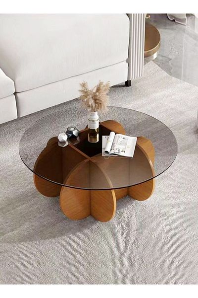 Raffine Modern Style Wooden Frame Glass Top Coffee Table Round Edge Center Table for Living Room 80x40 cm