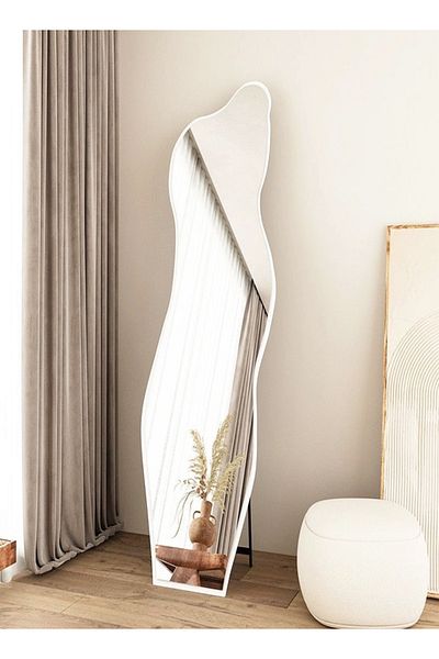 Raffine Modern Full Length Mirror Standing Wall Large Floor Mirror Wood Frame Wavy Mirror White 40 x 150 cm