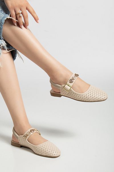 Genetti Lariny Large Stone Buckle Detailed Open Back Elastic Full Mold Daily Women's Ballerinas