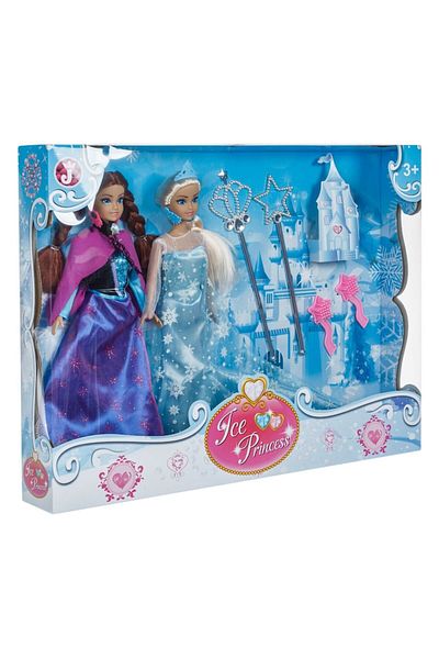 OEM Set 2 păpuși Frozen, Anna și Elsa, Prințesa de Gheață, Plastic, cu accesorii, 38 cm, Multicolor