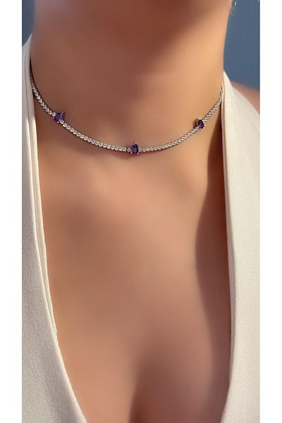 Luna Argento Purple Drop Stone Choker Necklace