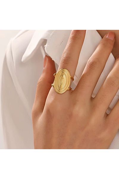 Siya Silver خاتم نسائي بيضاوي عتيق قابل للتعديل من الفولاذ المقاوم للصدأ باللون الذهبي