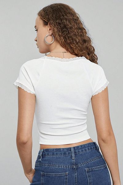 Ethab Ticaret Defnada Women's White Bust and Sleeves Lace Bow Short Sleeve Crop Top Blouse