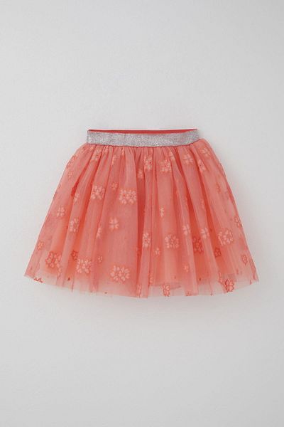 Breeze Girl's Tutu Skirt with Flower Embroidery, Elastic Waist, Glitter, Age 5-10, Salmon