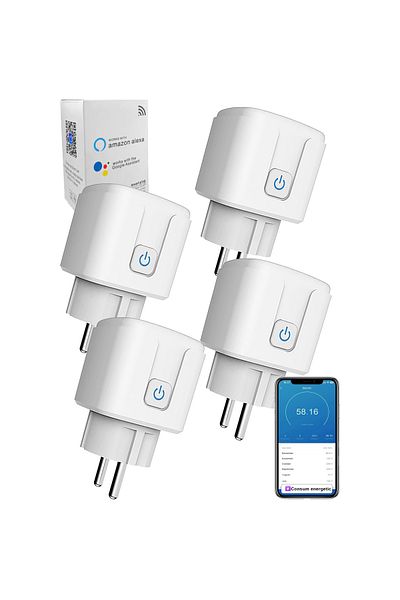 QuTek Set of 4 SmartPlug® Wi-Fi sockets, Max 20A, consumption monitoring, compatible with SmartLife, Tuya, Alexa