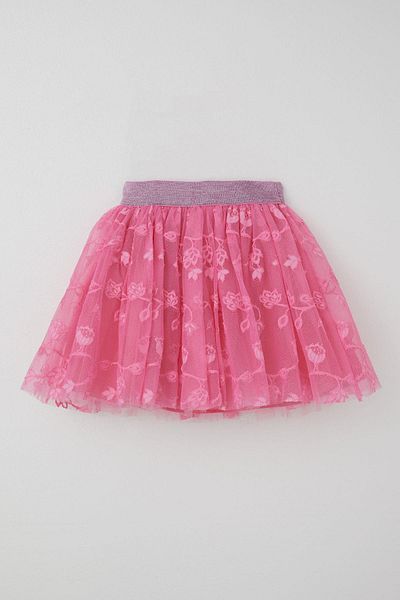 Breeze Girl's Tutu Skirt with Flower Embroidery, Elastic Waist, Glitter, Age 5-10, Pink