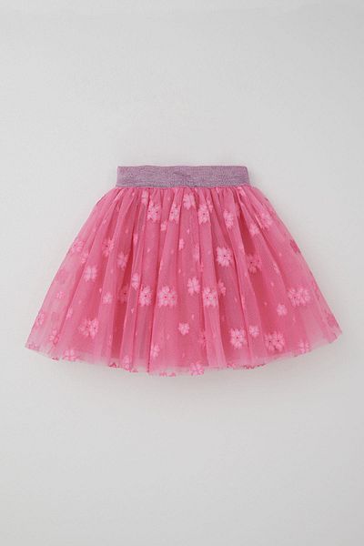 Breeze Girl's Tutu Skirt with Flower Embroidery, Elastic Waist, Glitter, Age 5-10, Pink