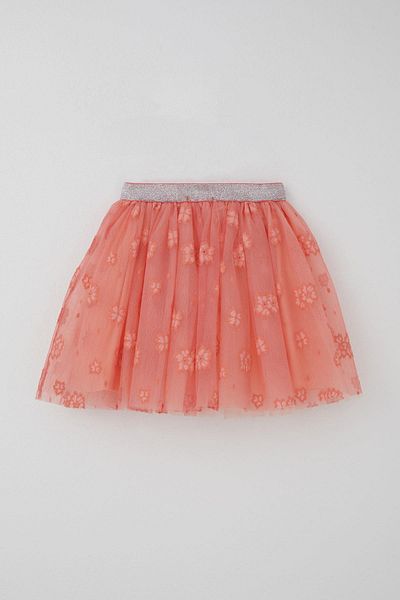 Breeze Girl's Tutu Skirt with Flower Embroidery, Elastic Waist, Glitter, Age 5-10, Salmon