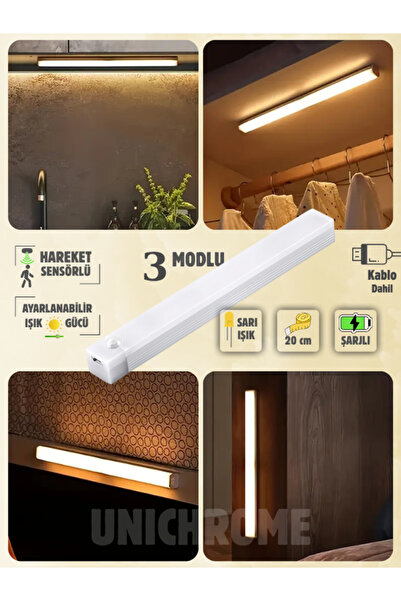 Folveit Hareket Sensörlü Tüp Ledli Şarjlı Sarı Led Auto Mod Dolap Içi, Korido...
