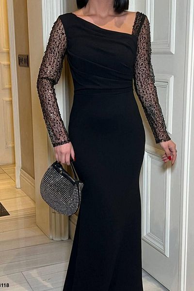 Modafeminen Γυναικείο ελαστικό κρεπ ύφασμα μανίκια τούλι και πέτρα με λεπτομέρεια μπροστινό ντραπέ Maxi μήκους ψαριού βραδινό φόρεμα μαύρο 5831