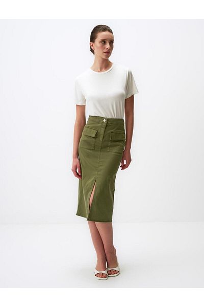 Jimmy Key Midi Gabardine Skirt with Pocket Slit Detail