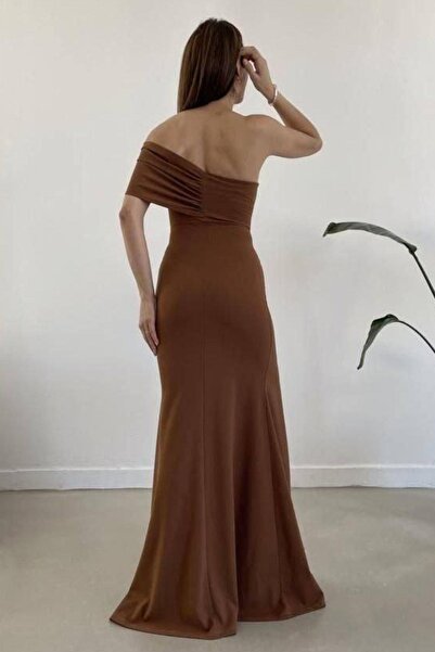 Modafeminen One Shoulder Slit Long Evening Dress Brown 582619