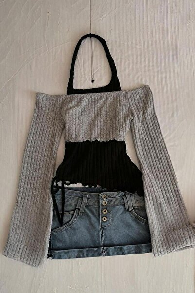 Karakedi Gri Boyundan Bağlamalı Omuz Açık Y2K Uzun Kollu Crop