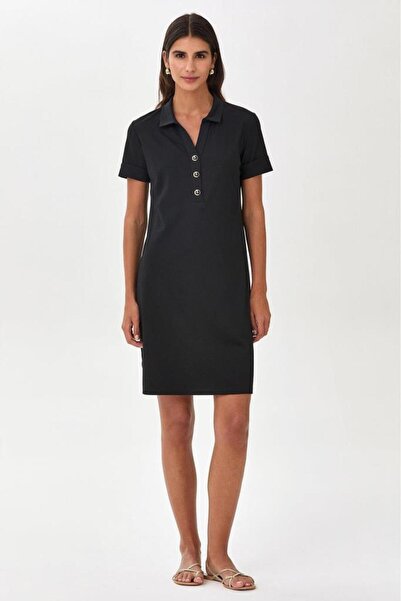 İKİLER Polo Yaka Önü Düğmeli Kısa Kol Elbise 025-2513