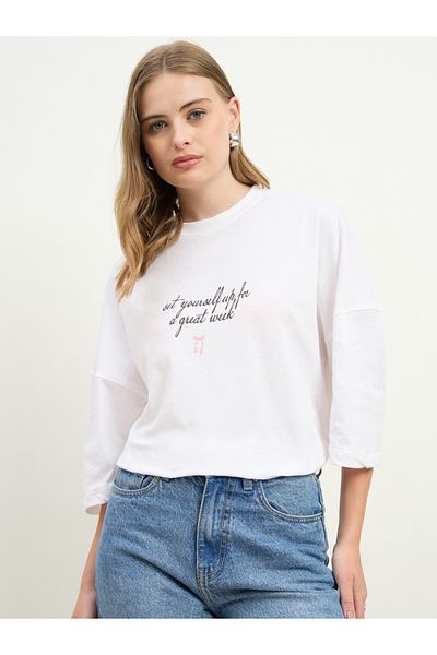 Styli Women White Slogan Print Exaggerated Shoulder Oversized T-Shirt