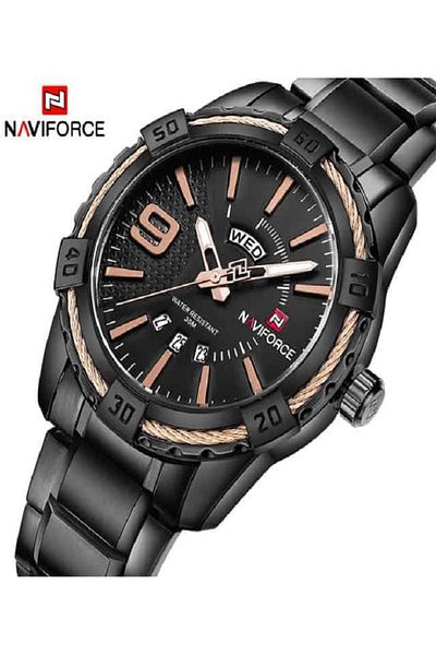 Naviforce men’s dress wrist watch in black stainless steel & rose gold/black analog dial with water resistanc
