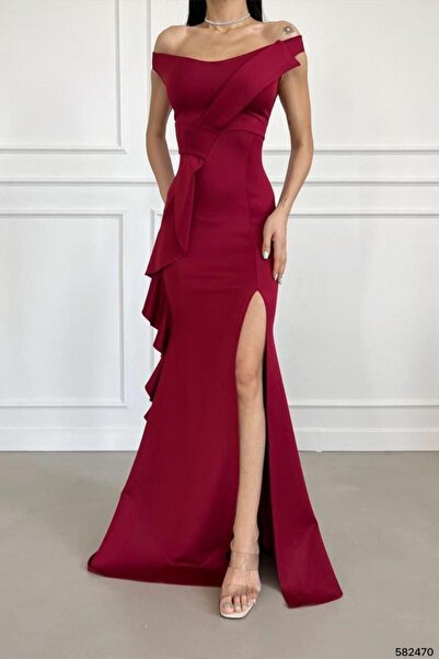 Modafeminen Kayık Yaka Çapraz Detaylı Fırfırlı Yırtmaçlı Balık Model Uzun Abiye Elbise Bordo 582470