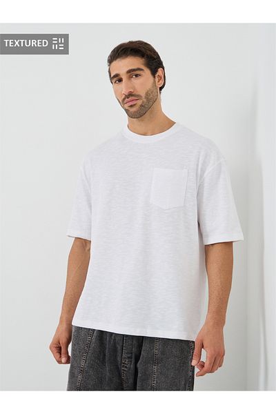 Styli Crew Neck Textured Oversized T-Shirt with Chest Pocket
