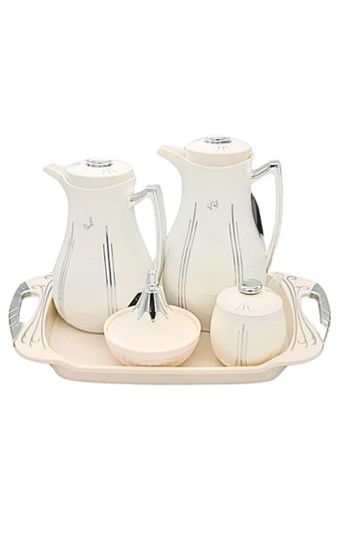 Generic 5-piece hospitality set, thermoses, sugar bowl, date bowl, and white serving plate