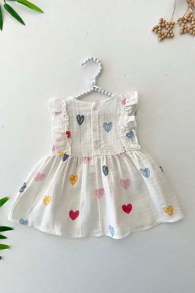 Minigimin Cicileri My Little Baby Girl's Muslin Colored Heart Printed Bow Baby Girl Dress - White