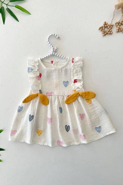 Minigimin Cicileri My Little Baby Girl's Muslin Colored Heart Printed Bow Baby Girl Dress - White