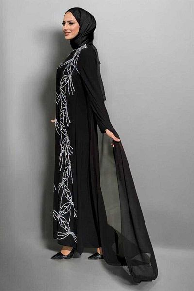 Bym Fashion Evening Dress with Cape Sleeves and Stone Detail 3958 Black