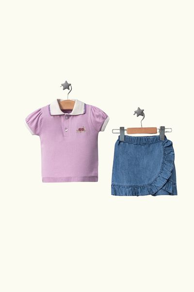 Balbadem baby kids Lilac Polo Neck T-Shirt Baby Girl Denim Skirt Shorts Suit I 6-18 Months