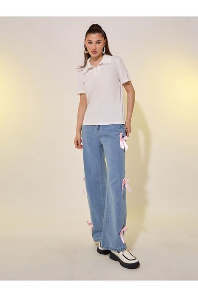 Styli Pearls Embellishment Detail Polo T-Shirt