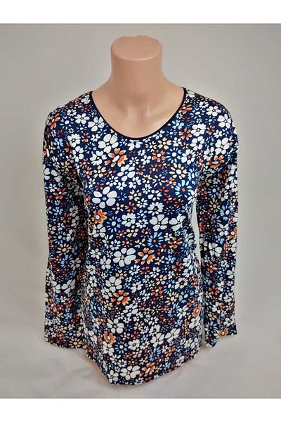 YAŞAR TRİKO Women's Navy Blue White Orange U-Neck Long Sleeve Patterned Slit Woven Viscose Mother Combed Cotton T-Shirt