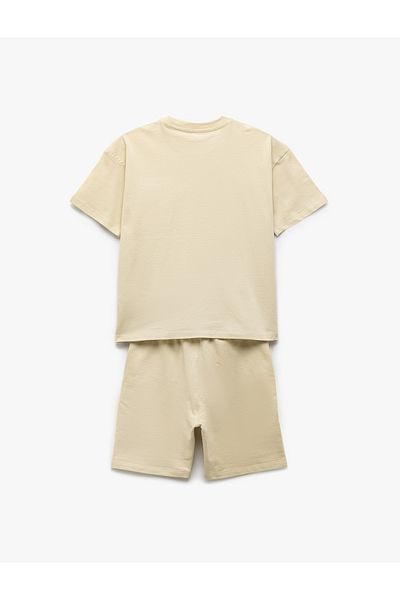 Koton Cotton Crew Neck Short Sleeve Embroidered Top with Lace-Up Waist Shorts Set of Two