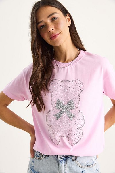 Bianco Lucci Women's Teddy Ribbon Detailed Stone T-Shirt 60602035