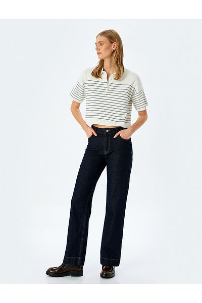 Koton Buttoned striped oversized polo neck knit sweater.