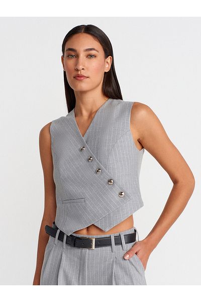 Dilvin 60573 Asymmetric Double Breasted Vest-Grey