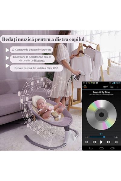 ROHS Leagăn electric multifuncțional HappyKids pentru bebeluși cu acoperiș pliabil și plasă de țânțari