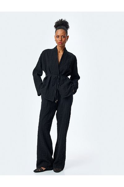 Koton Cotton belt detail textured long sleeve kimono.