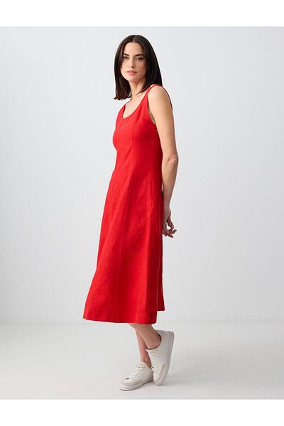 Jimmy Key Red 100% Linen U Neck Sleeveless Midi Dress