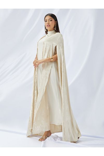 Styli Stand Collar Satin Inner Dress with Jacquard Cape Abaya Set