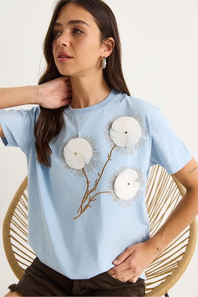Bianco Lucci Tricou cu mânecă scurtă, cu decolteu, cu broderie, cu accesorii în relief 60602024