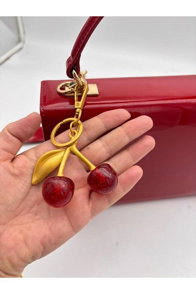 angel çanta aksesuar Angel Bag Accessory Red Glitter Cherry Keychain, Bag Ornament Antique - Gold Metal