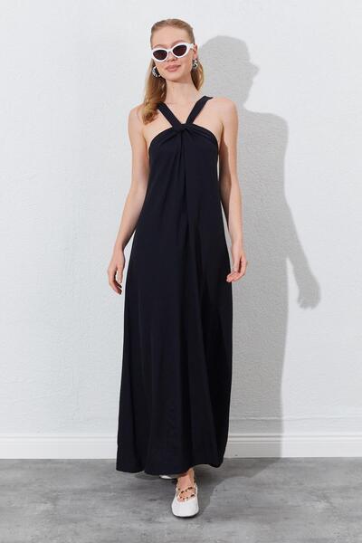 TENA Γυναικείο μαύρο αμάνικο φόρεμα με λεπτομέρεια με κόμπο στο μπροστινό μέρος