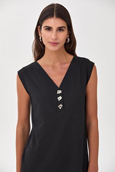 İKİLER V Yaka Önü Düğme Detaylı Elbise 025-2516