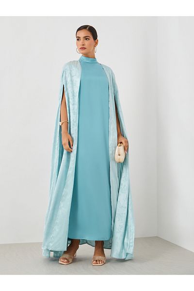 Styli Stand Collar Satin Inner Dress with Jacquard Cape Abaya Set